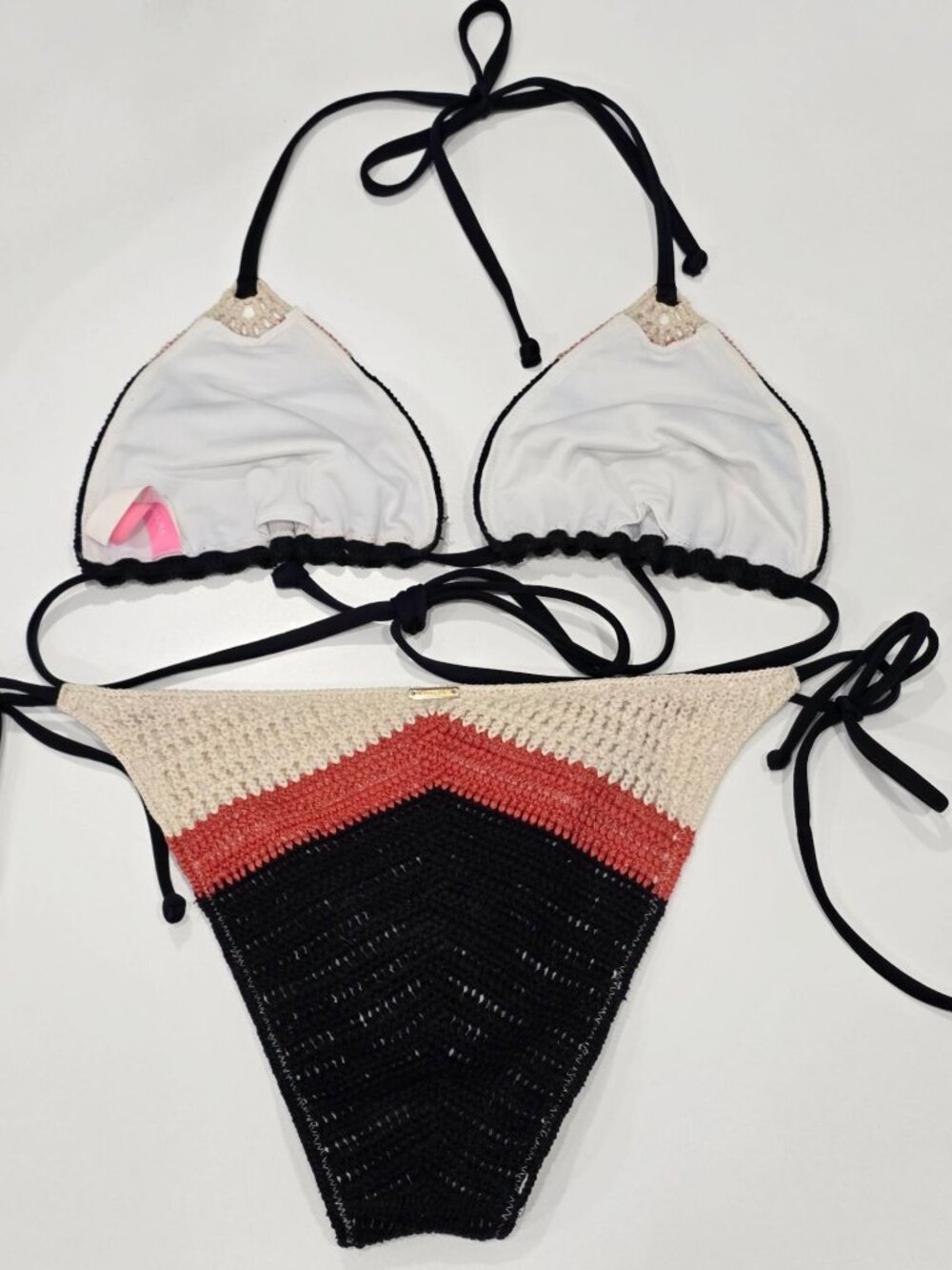 Victoria’s Secret ✦ Bikini Set ✦ Black Orange Beige Crochet Triangle Swimwear S - Picture 5 of 12